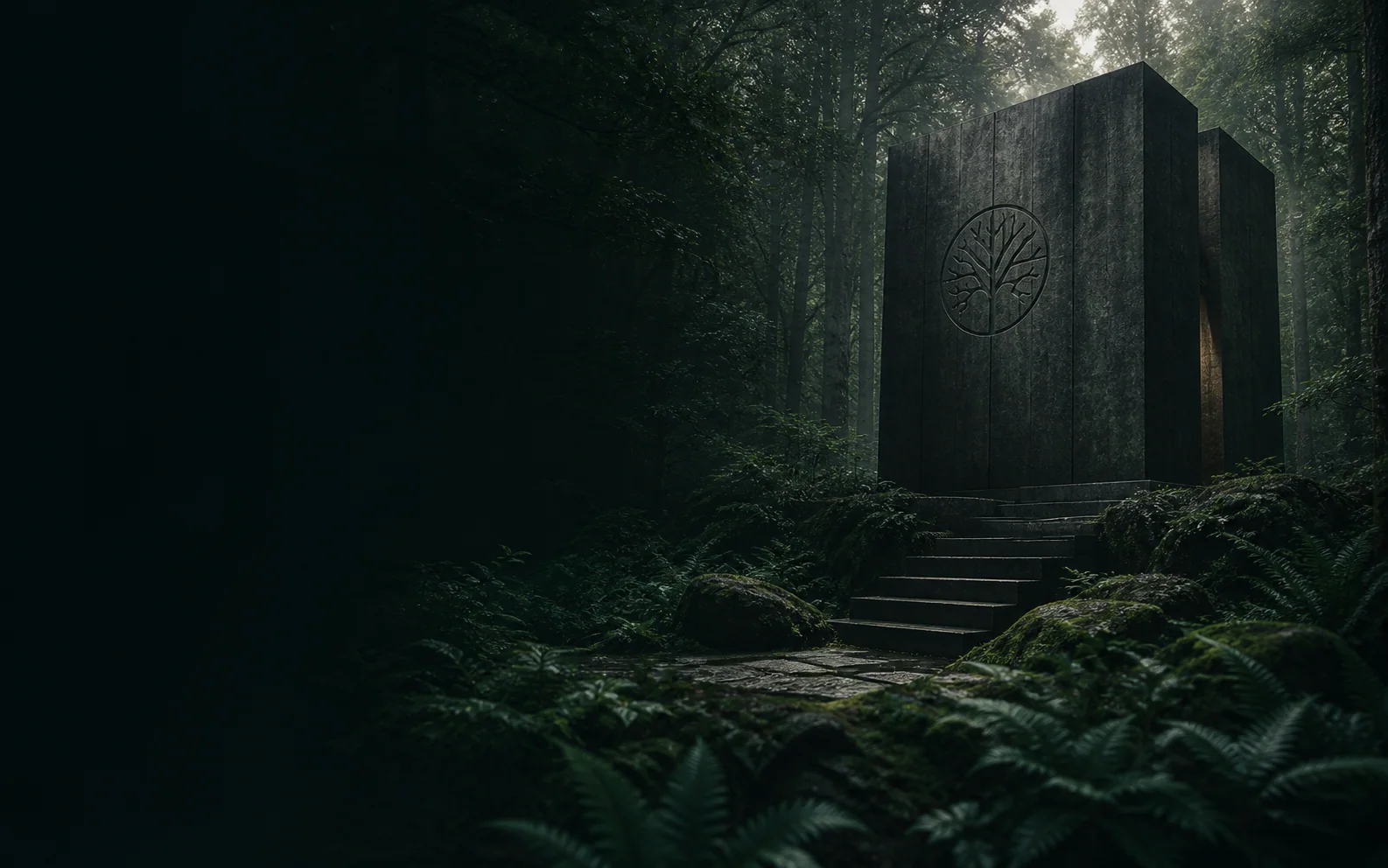 A dark stone archive pavilion set within a deep green forest